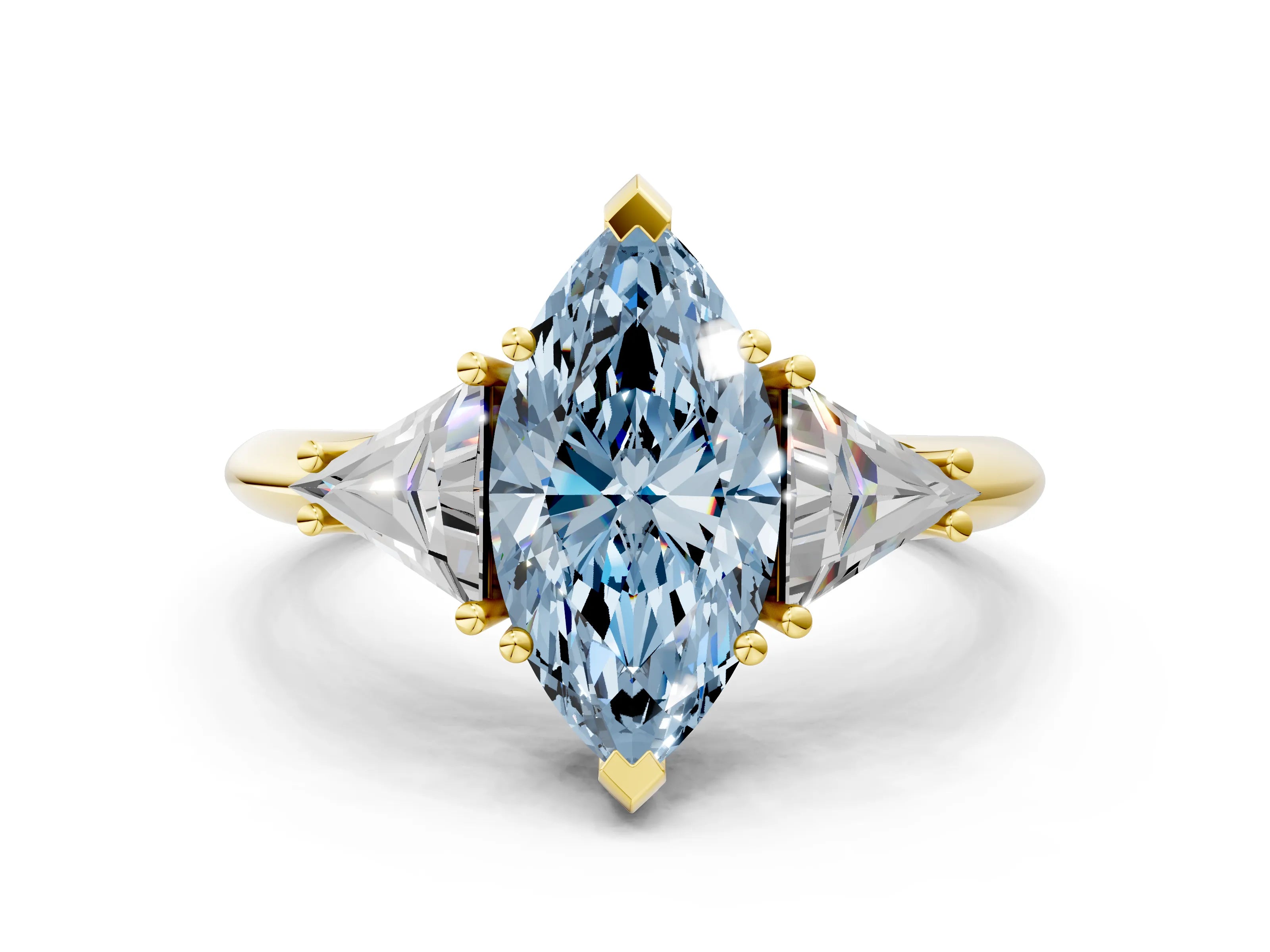 Yellow gold Three-Stone Fancy Blue Marquise Cut Cut Diamond Ring with Trillion Side Stones and Four-Prong Setting_3