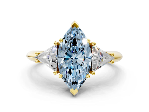 Yellow gold Three-Stone Fancy Blue Marquise Cut Cut Diamond Ring with Trillion Side Stones and Four-Prong Setting