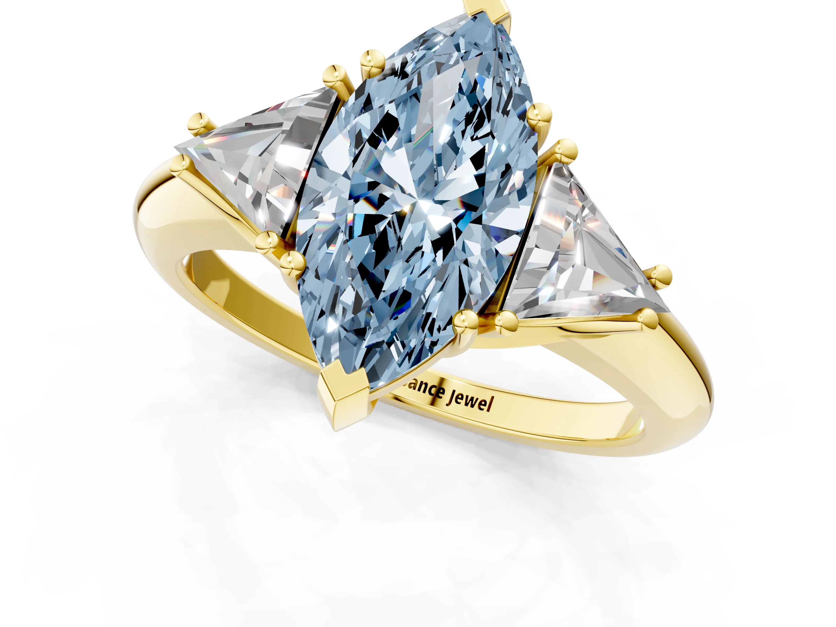 Yellow gold Three-Stone Fancy Blue Marquise Cut Cut Diamond Ring with Trillion Side Stones and Four-Prong Setting_4