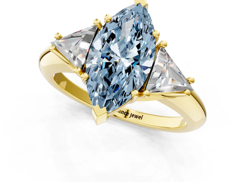 Yellow gold Three-Stone Fancy Blue Marquise Cut Cut Diamond Ring with Trillion Side Stones and Four-Prong Setting_4