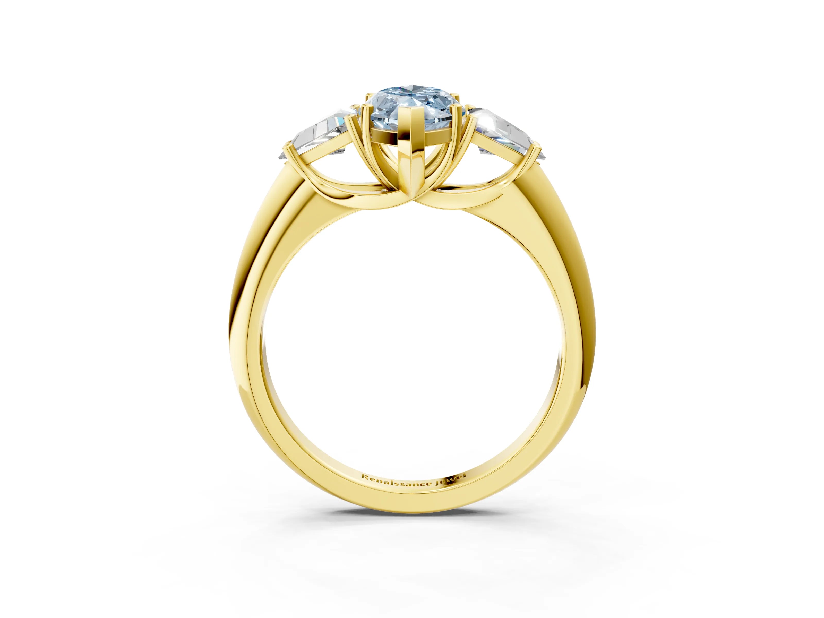 Yellow gold Three-Stone Fancy Blue Marquise Cut Cut Diamond Ring with Trillion Side Stones and Four-Prong Setting_6