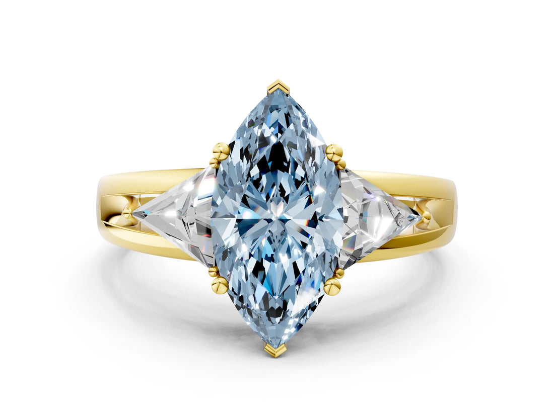 Yellow gold Three-Stone Fancy Blue Marquise Cut Cut Diamond Ring with Trillion Side Stones on a Split Shank Band
