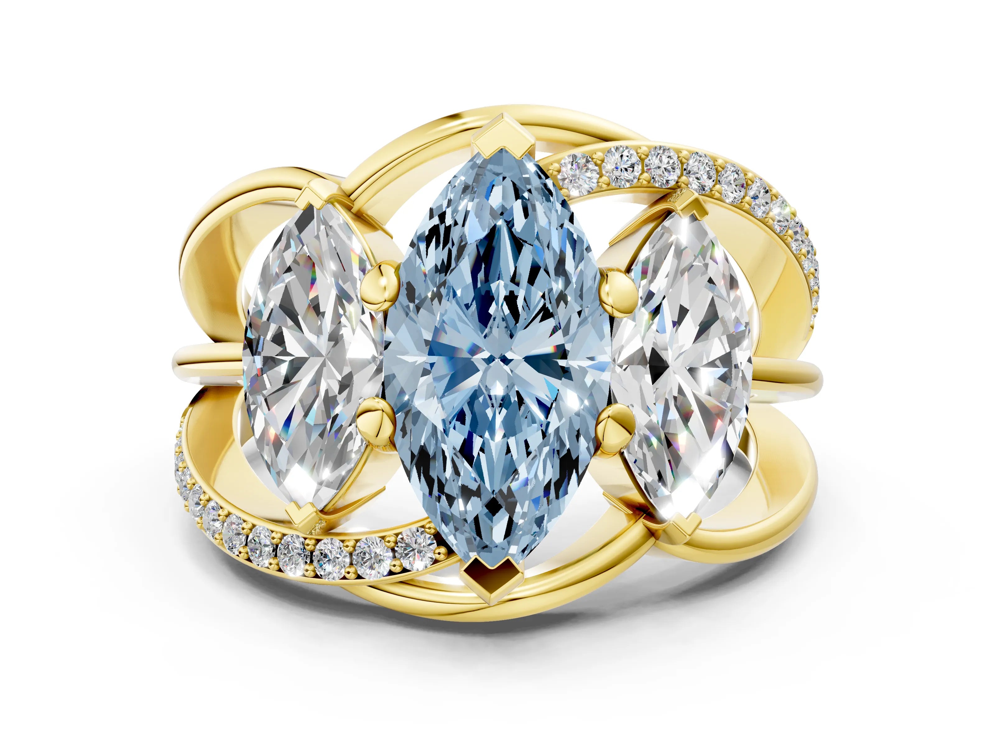 Yellow gold Three-Stone Fancy Blue Marquise Cut Cut Diamond Split Shank Prong Set Ring