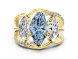 Yellow gold Three-Stone Fancy Blue Marquise Cut Cut Diamond Split Shank Prong Set Ring