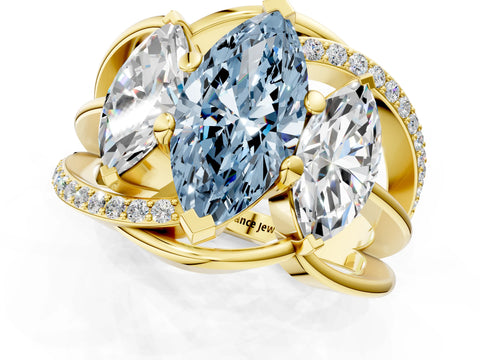 Yellow gold Three-Stone Fancy Blue Marquise Cut Cut Diamond Split Shank Prong Set Ring_1