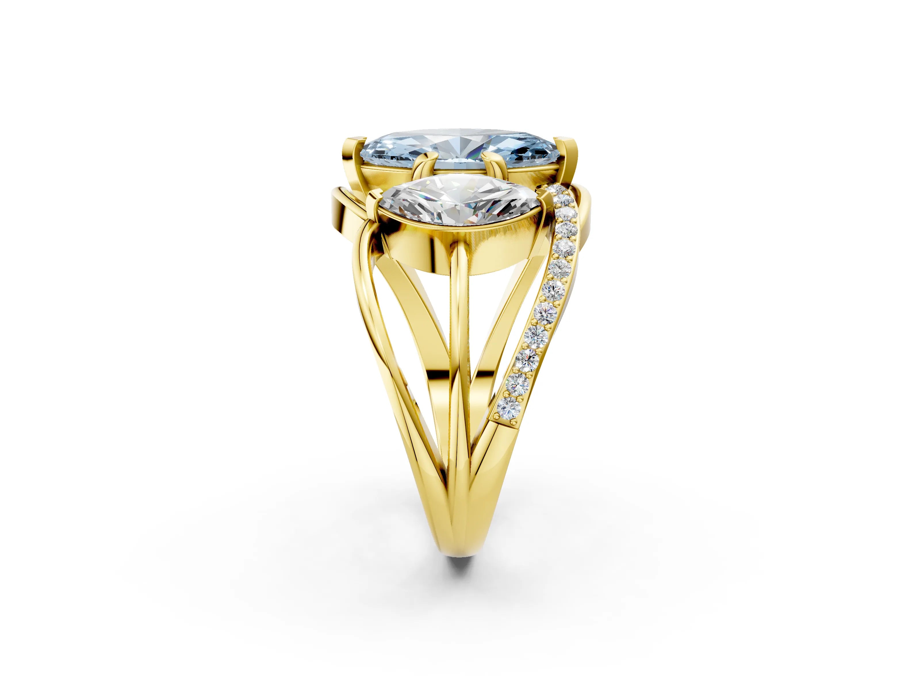 Yellow gold Three-Stone Fancy Blue Marquise Cut Cut Diamond Split Shank Prong Set Ring_2