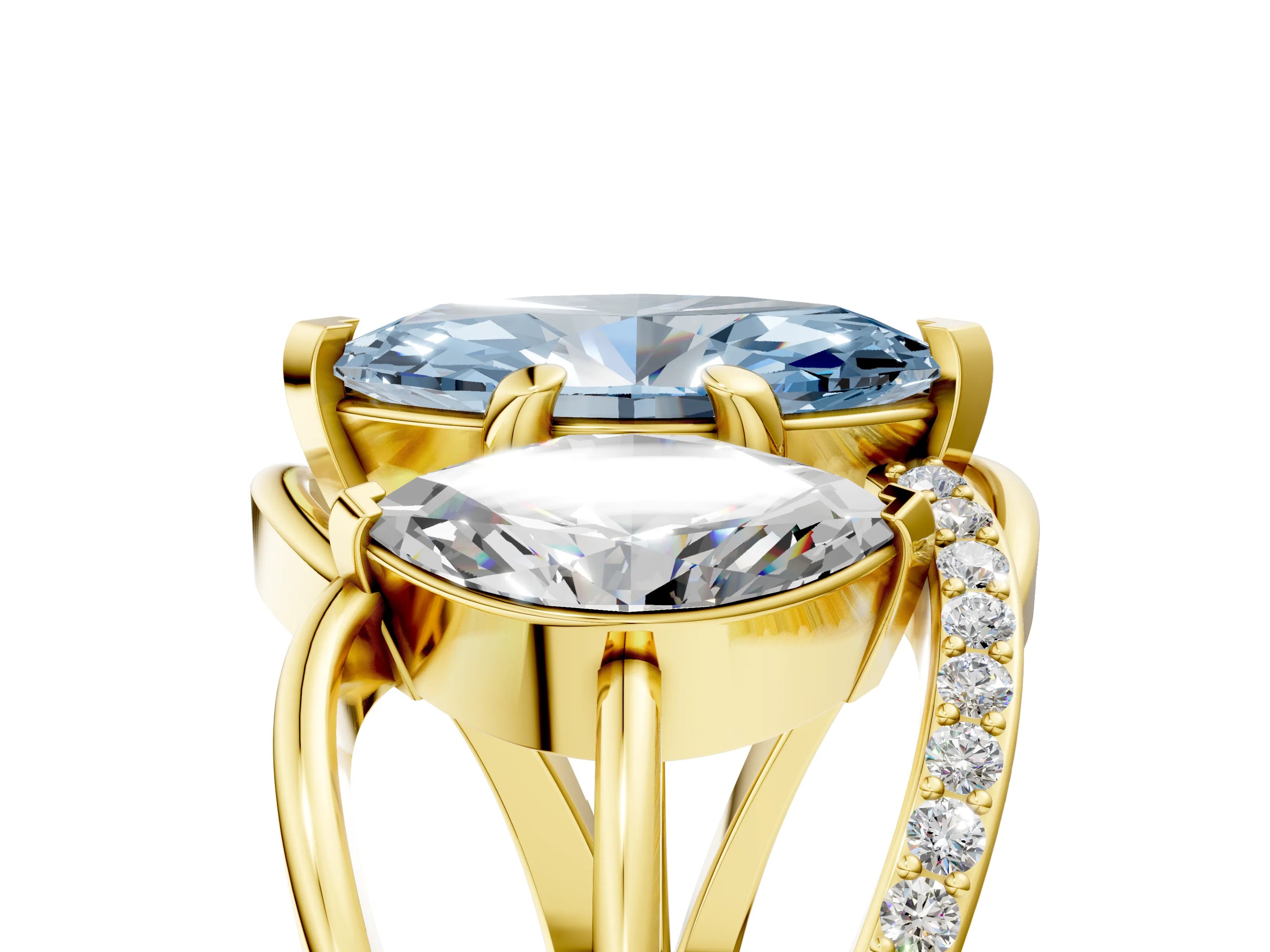 Yellow gold Three-Stone Fancy Blue Marquise Cut Cut Diamond Split Shank Prong Set Ring_5