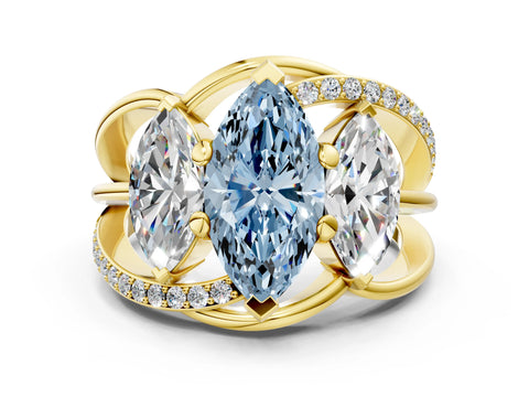 Yellow gold Three-Stone Fancy Blue Marquise Cut Cut Diamond Split Shank Prong Set Ring