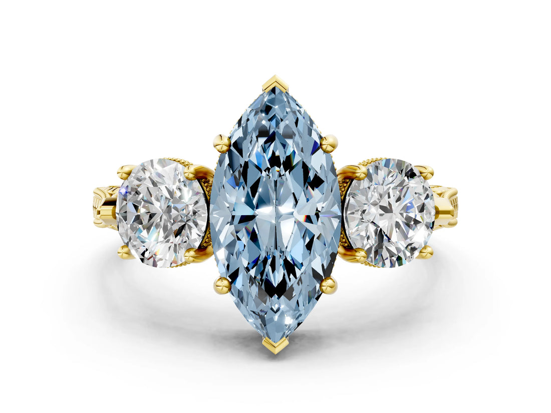 Yellow gold Three-Stone Fancy Blue Marquise Cut Cut Milgrain Band Prong Setting Ring