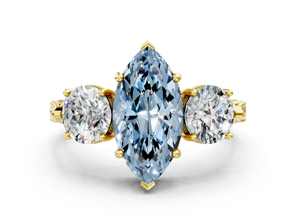 Yellow gold Three-Stone Fancy Blue Marquise Cut Cut Milgrain Band Prong Setting Ring