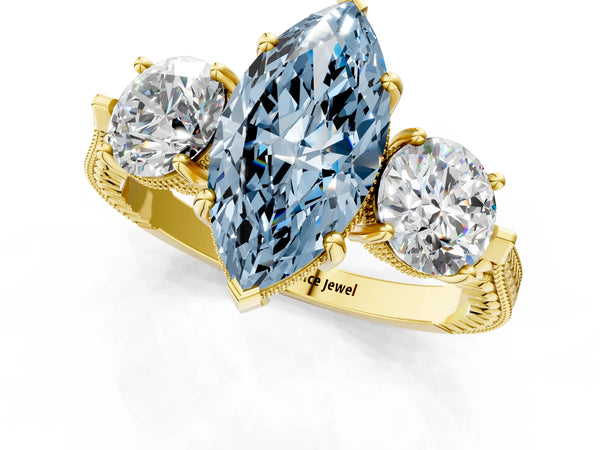 Yellow gold Three-Stone Fancy Blue Marquise Cut Cut Milgrain Band Prong Setting Ring