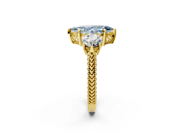 Yellow gold Three-Stone Fancy Blue Marquise Cut Cut Milgrain Band Prong Setting Ring