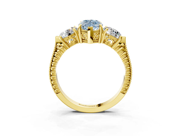 Yellow gold Three-Stone Fancy Blue Marquise Cut Cut Milgrain Band Prong Setting Ring