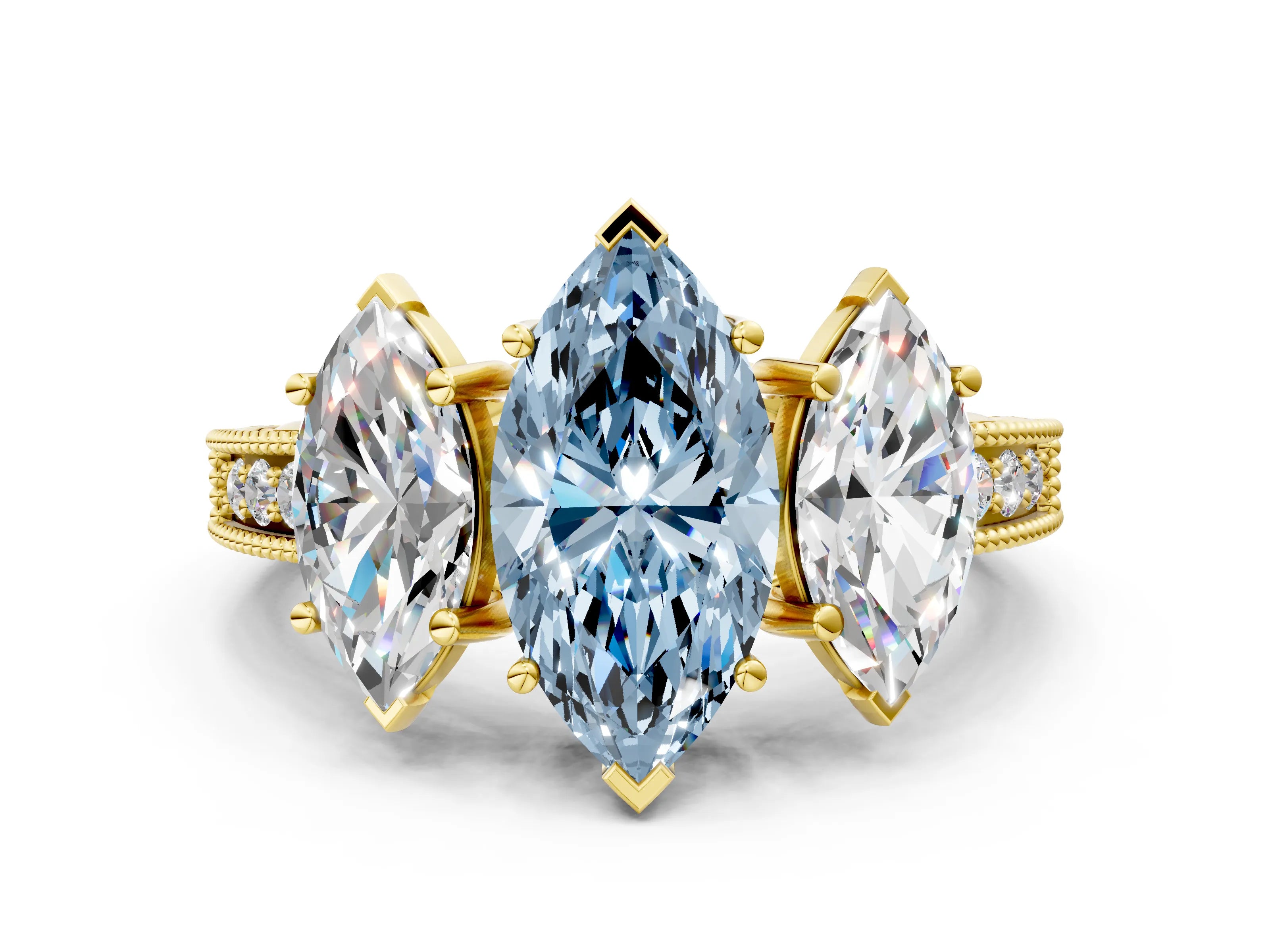 Yellow gold Three-Stone Fancy Blue Marquise Cut Cut Milgrain Pavé Engagement Ring