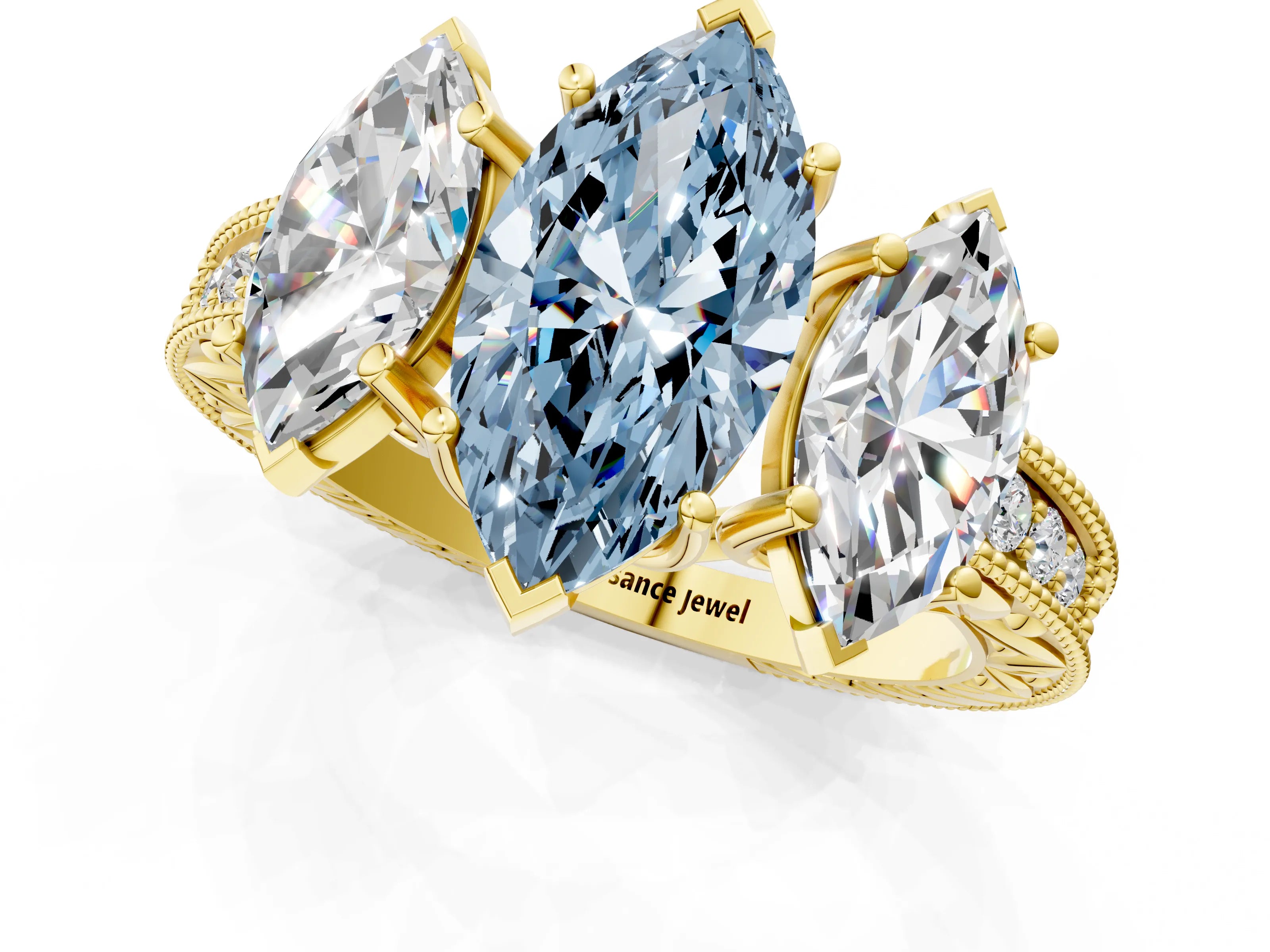 Yellow gold Three-Stone Fancy Blue Marquise Cut Cut Milgrain Pavé Engagement Ring_1