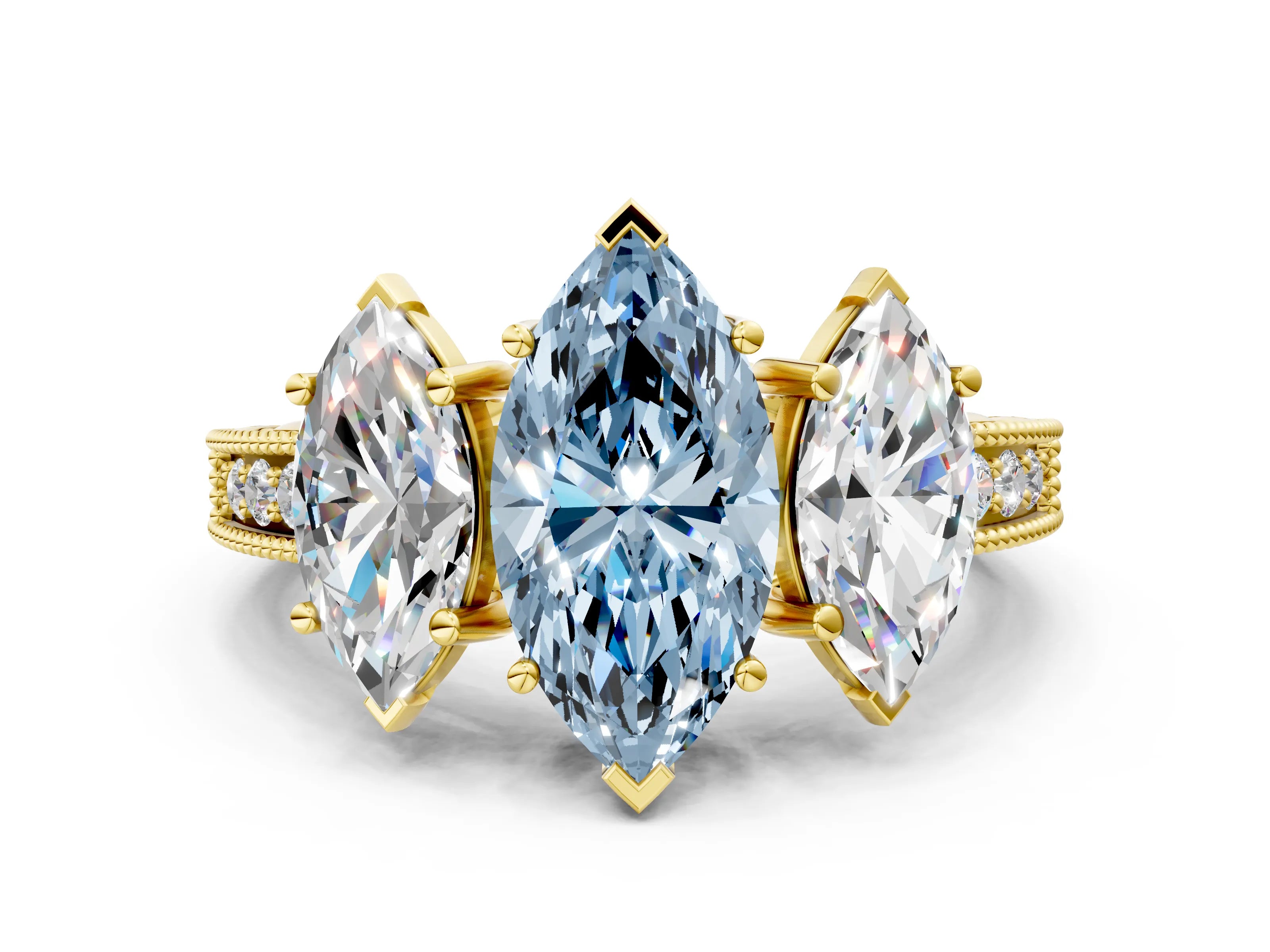 Yellow gold Three-Stone Fancy Blue Marquise Cut Cut Milgrain Pavé Engagement Ring_12