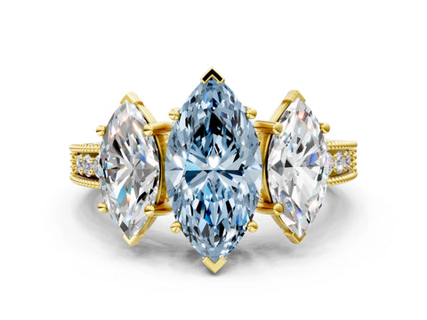 Yellow gold Three-Stone Fancy Blue Marquise Cut Cut Milgrain Pavé Engagement Ring_12