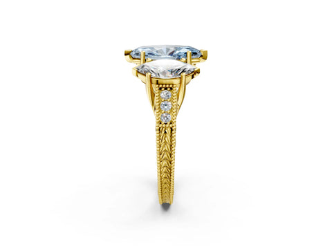 Yellow gold Three-Stone Fancy Blue Marquise Cut Cut Milgrain Pavé Engagement Ring_14
