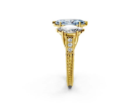 Yellow gold Three-Stone Fancy Blue Marquise Cut Cut Milgrain Pavé Engagement Ring_2