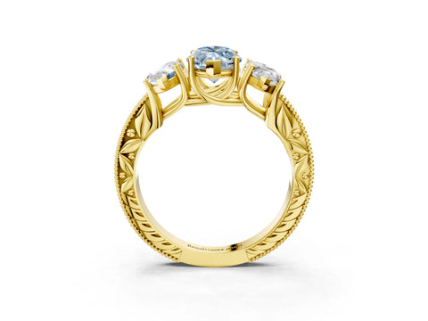 Yellow gold Three-Stone Fancy Blue Marquise Cut Cut Milgrain Pavé Engagement Ring_3