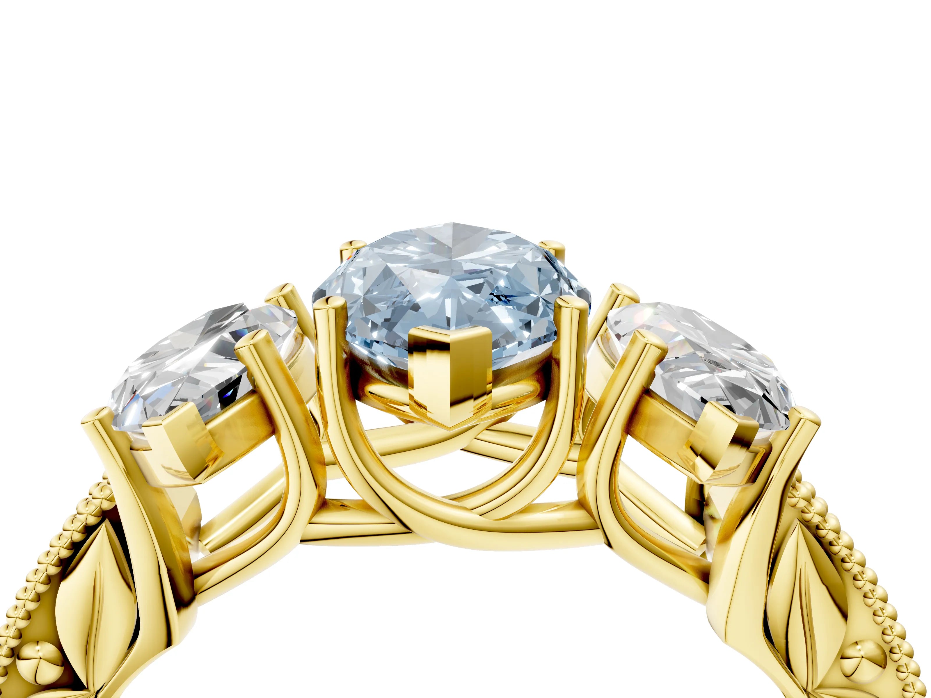 Yellow gold Three-Stone Fancy Blue Marquise Cut Cut Milgrain Pavé Engagement Ring_4