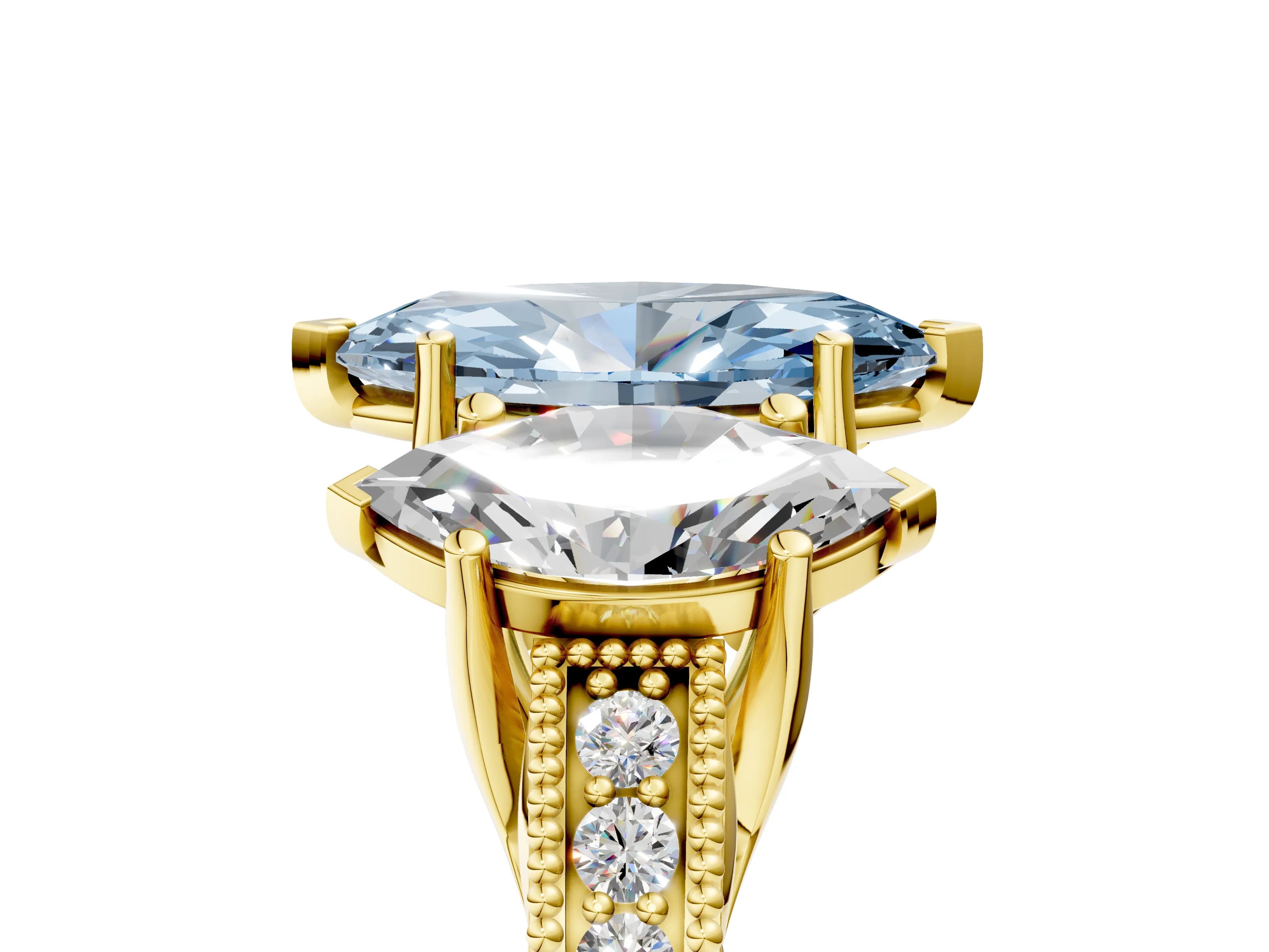 Yellow gold Three-Stone Fancy Blue Marquise Cut Cut Milgrain Pavé Engagement Ring_5