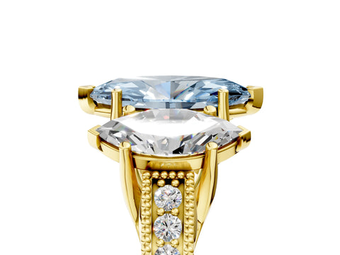 Yellow gold Three-Stone Fancy Blue Marquise Cut Cut Milgrain Pavé Engagement Ring_5