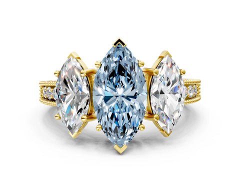 Yellow gold Three-Stone Fancy Blue Marquise Cut Cut Milgrain Pavé Engagement Ring