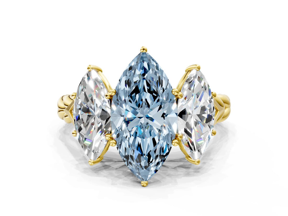 Yellow gold Three-Stone Fancy Blue Marquise Cut Diamond Braided Band Ring with Four-Prong Setting_40