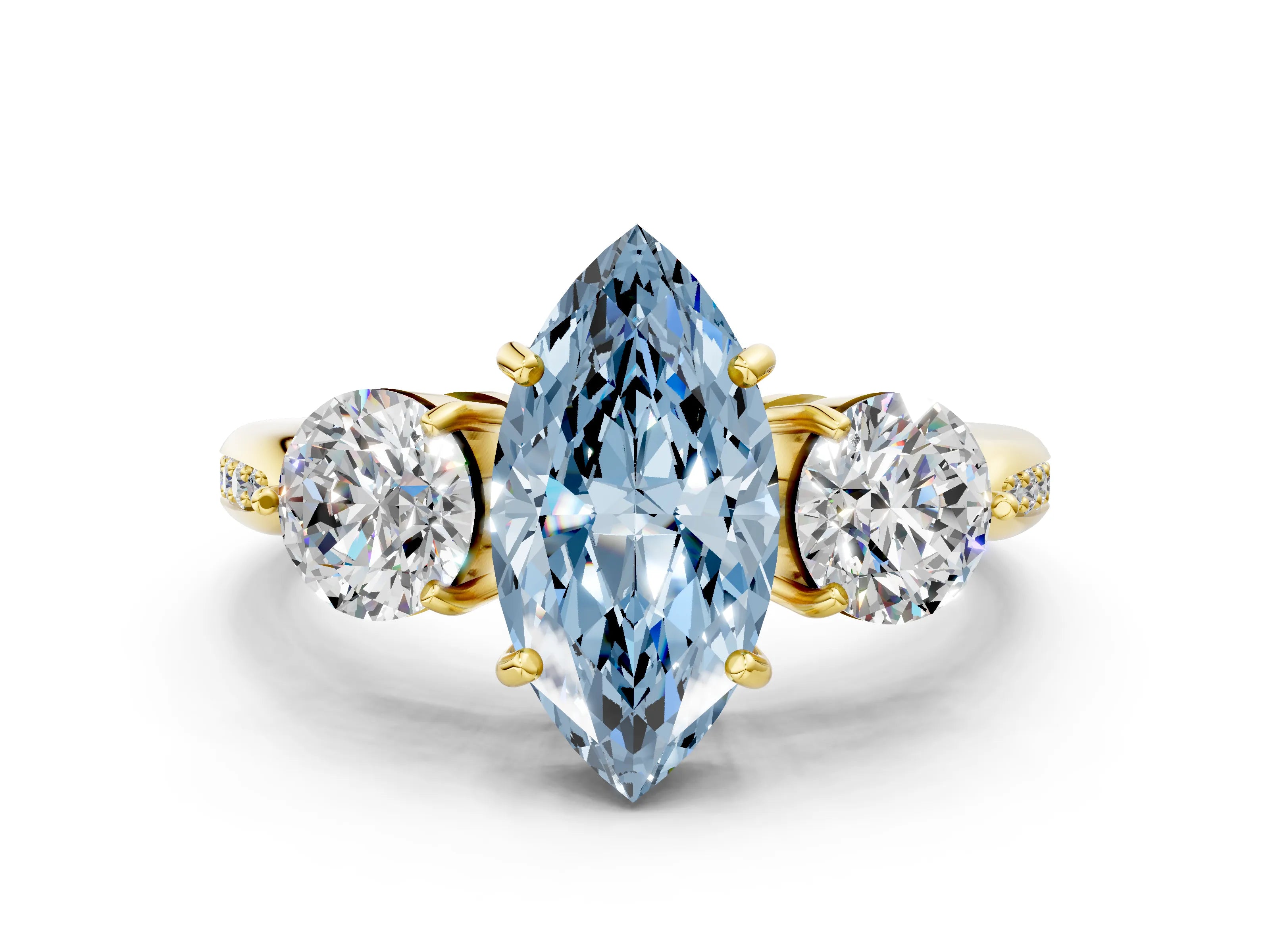 Yellow gold Three-Stone Fancy Blue Marquise Cut Diamond Channel Set Engagement Ring with Prong Setting