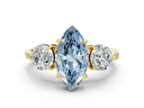 Yellow gold Three-Stone Fancy Blue Marquise Cut Diamond Channel Set Engagement Ring with Prong Setting