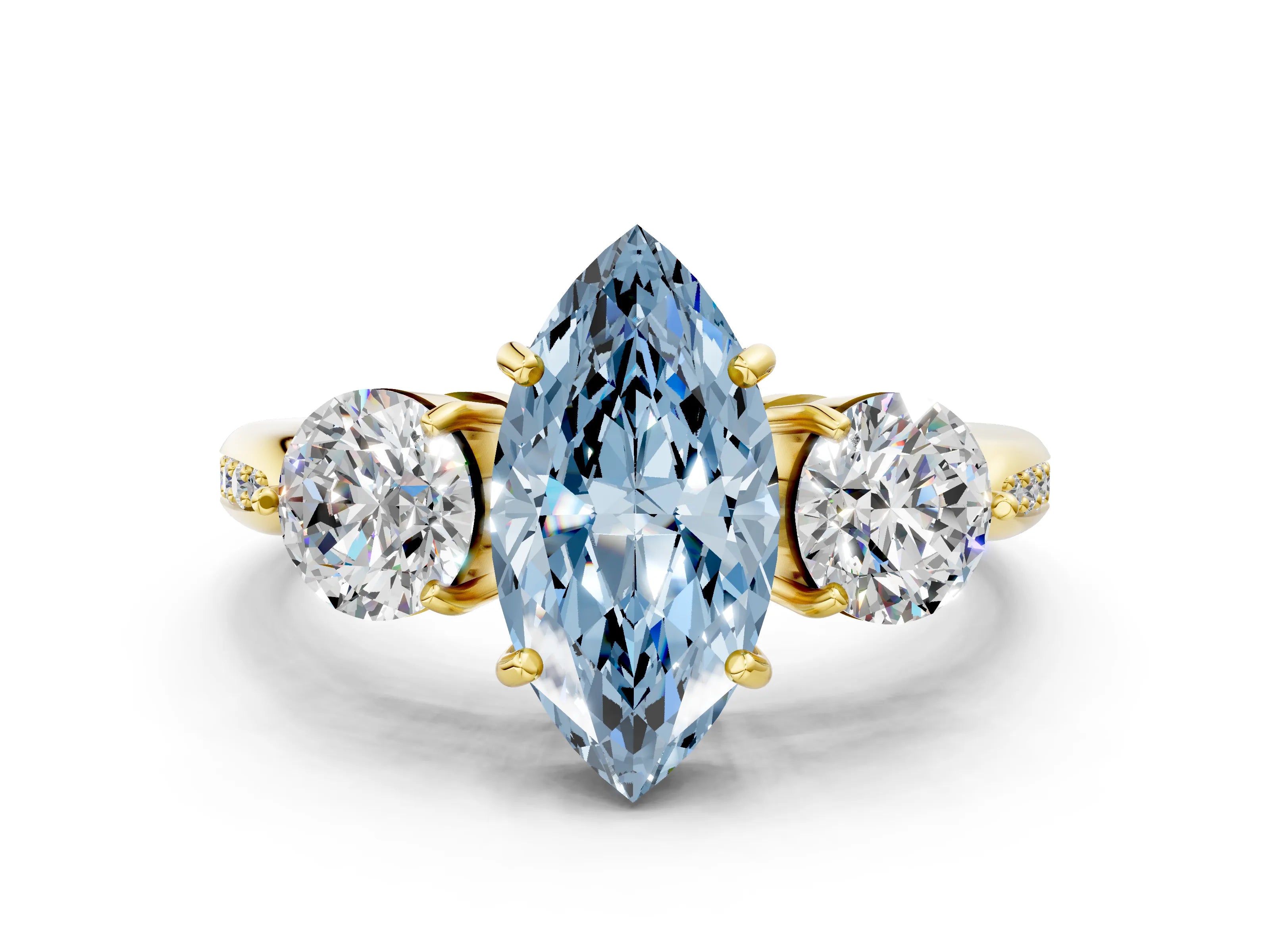 Yellow gold Three-Stone Fancy Blue Marquise Cut Diamond Channel Set Engagement Ring with Prong Setting_12