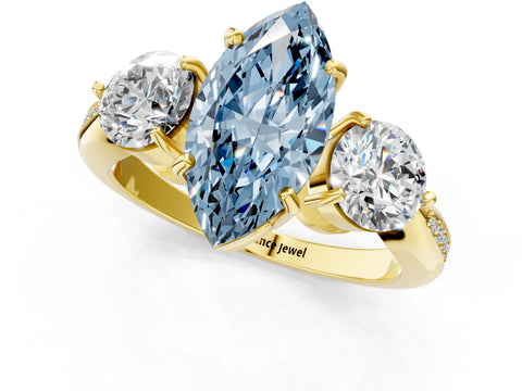 Yellow gold Three-Stone Fancy Blue Marquise Cut Diamond Channel Set Engagement Ring with Prong Setting_1