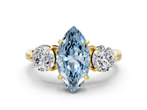 Yellow gold Three-Stone Fancy Blue Marquise Cut Diamond Channel Set Engagement Ring with Prong Setting