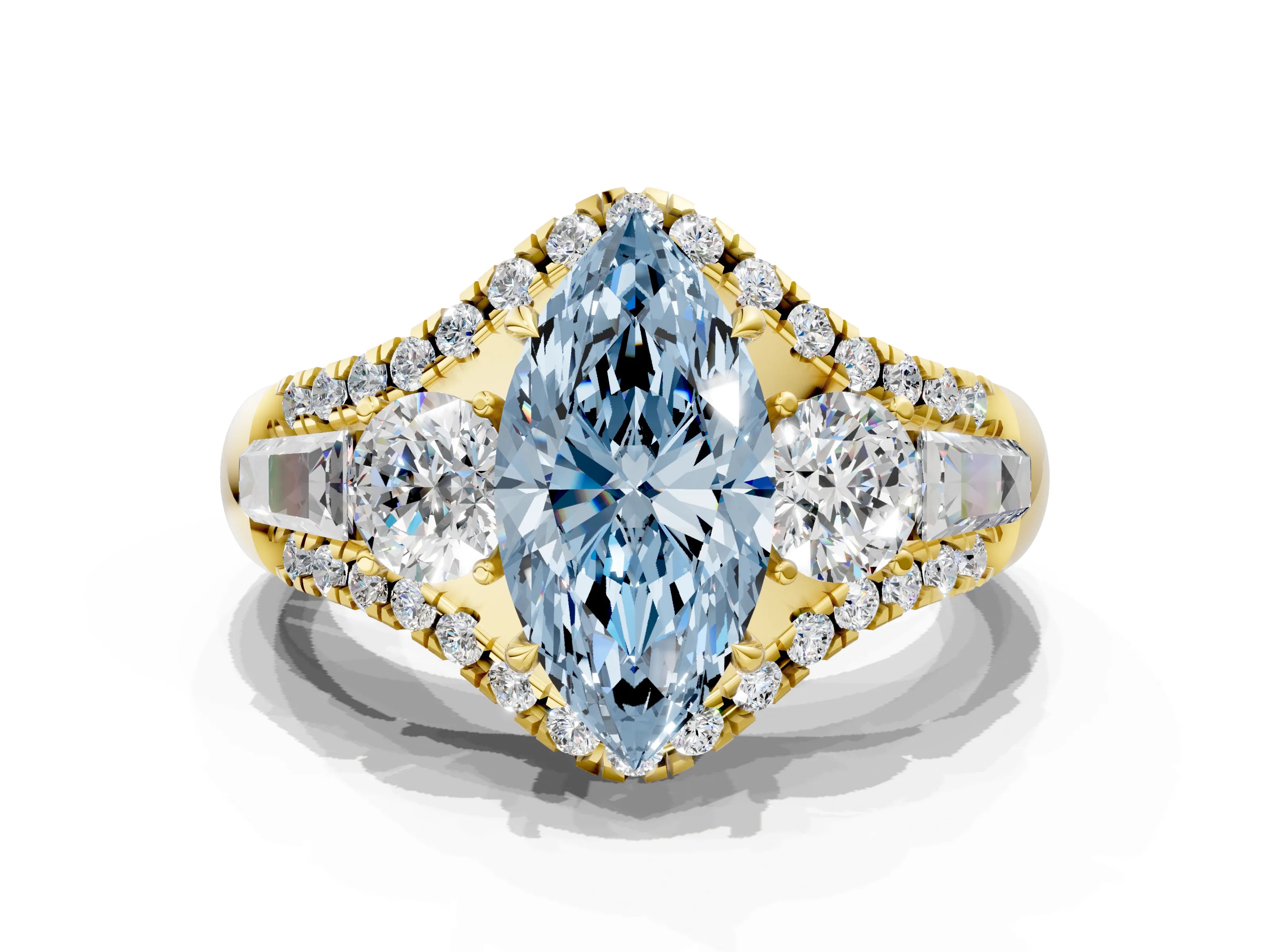 Yellow gold Three-Stone Fancy Blue Marquise Cut Diamond Engagement Ring with Pave Band and Prong Setting
