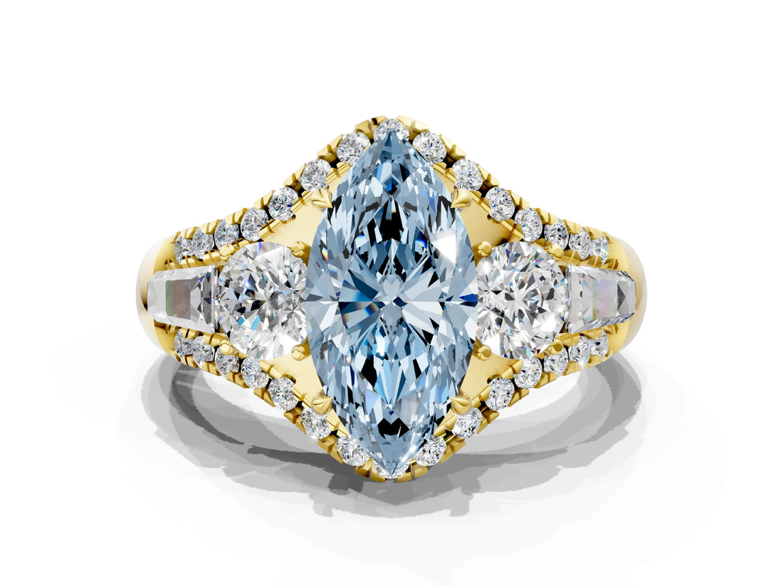 Yellow gold Three-Stone Fancy Blue Marquise Cut Diamond Engagement Ring with Pave Band and Prong Setting