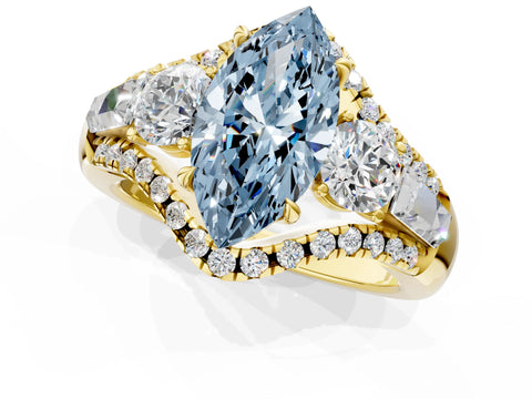 Yellow gold Three-Stone Fancy Blue Marquise Cut Diamond Engagement Ring with Pave Band and Prong Setting_1