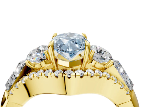 Yellow gold Three-Stone Fancy Blue Marquise Cut Diamond Engagement Ring with Pave Band and Prong Setting_4