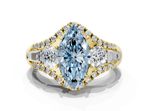 Yellow gold Three-Stone Fancy Blue Marquise Cut Diamond Engagement Ring with Pave Band and Prong Setting