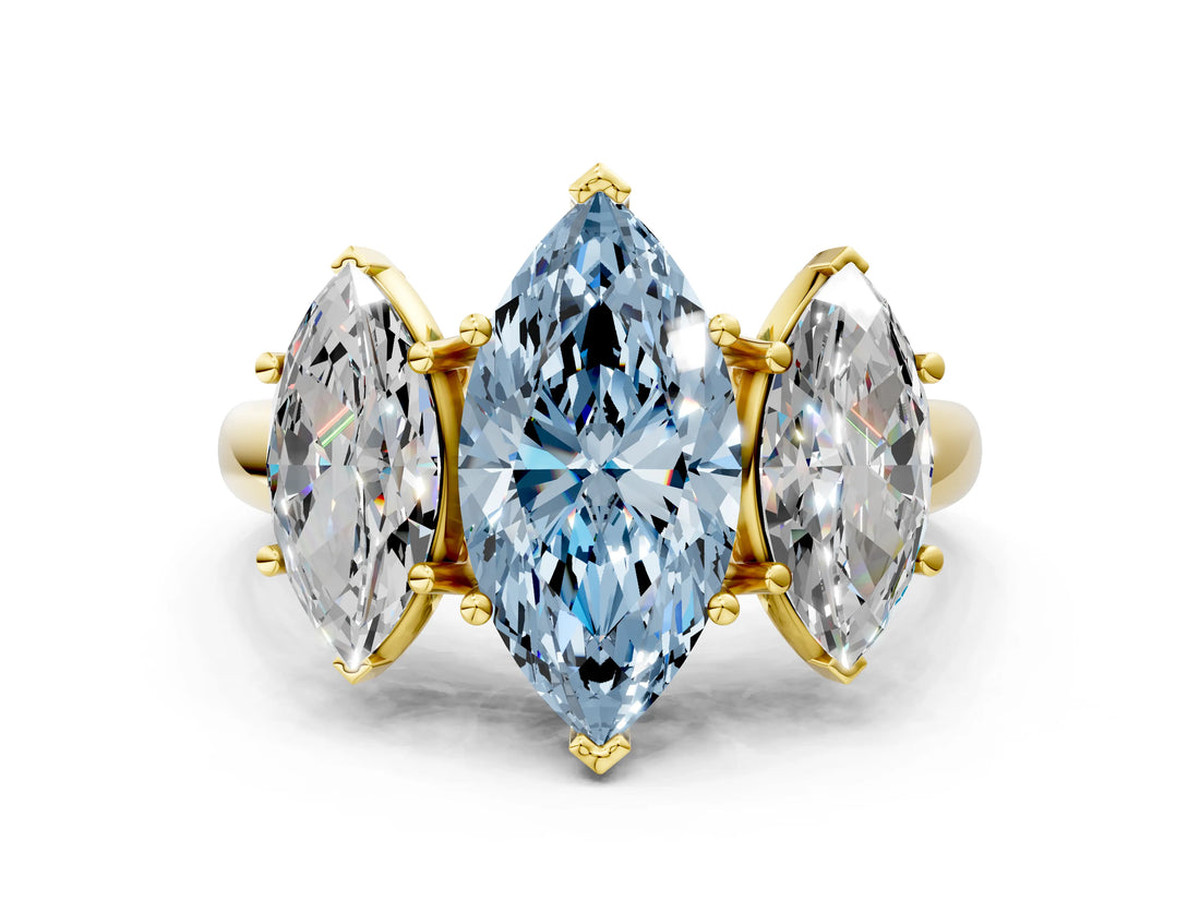Yellow gold Three-Stone Fancy Blue Marquise Cut Diamond Engagement Ring with Prong Setting_3