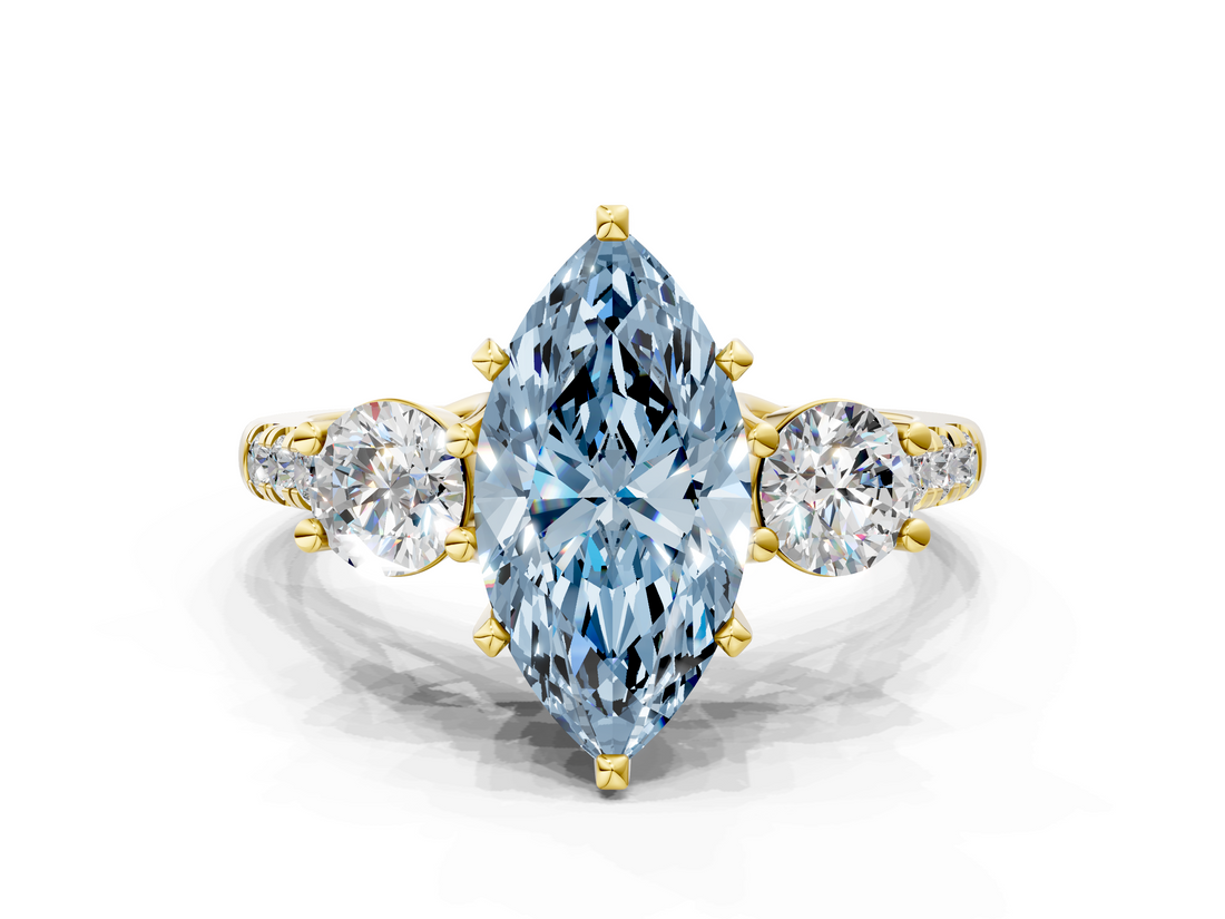 Yellow gold Three-Stone Fancy Blue Marquise  Cut Diamond Pavé Band with Four-Prong Setting_28