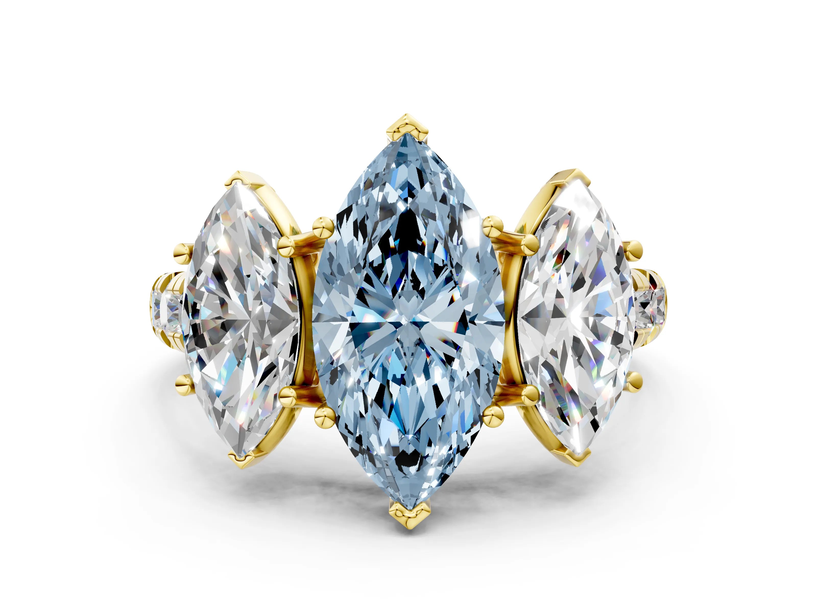 Yellow gold Three-Stone Fancy Blue Marquise Cut Diamond Pavé Band with Prong Setting