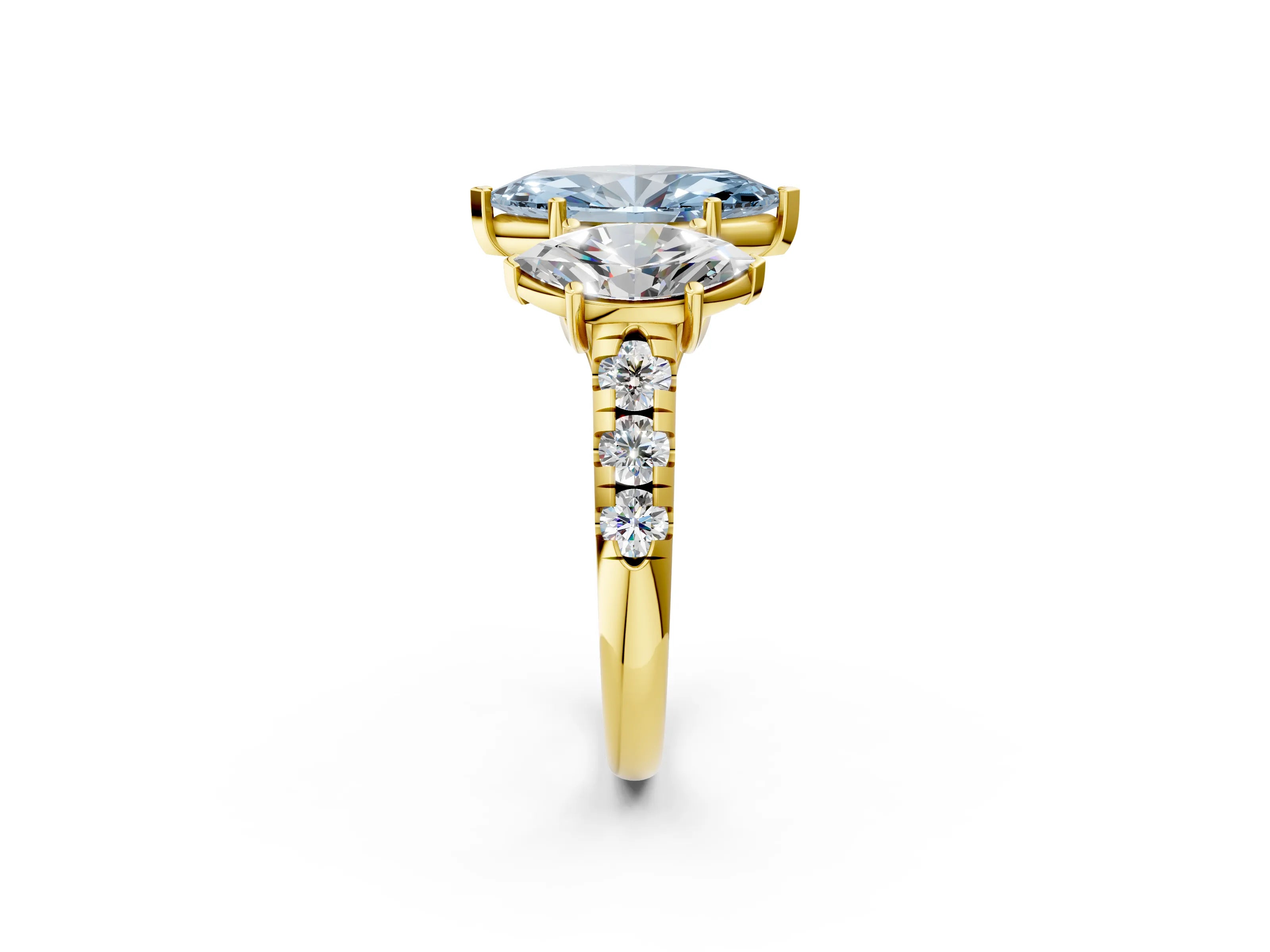 Yellow gold Three-Stone Fancy Blue Marquise Cut Diamond Pavé Band with Prong Setting_2