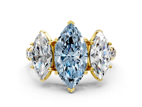 Yellow gold Three-Stone Fancy Blue Marquise Cut Diamond Pavé Band with Prong Setting