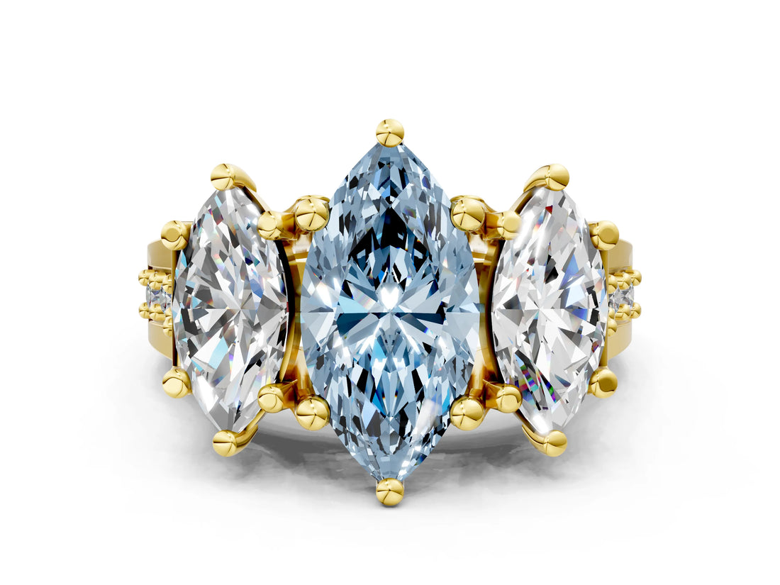 Yellow gold Three-Stone Fancy Blue Marquise  Cut Diamond Ring with Channel-Set Band and Four-Prong Setting_102