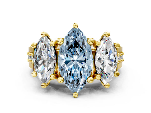 Yellow gold Fancy Blue Marquise Cut Diamond Three-Stone Ring with Channel Set Band and Four-Prong Setting