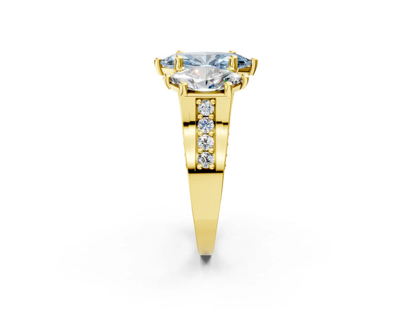 Yellow gold Fancy Blue Marquise Cut Diamond Three-Stone Ring with Channel Set Band and Four-Prong Setting
