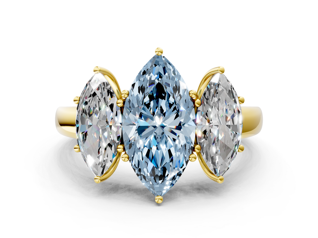 Yellow gold Three-Stone Fancy Blue Marquise  Cut Diamond Ring with Channel-Set Band and Four-Prong Setting_61