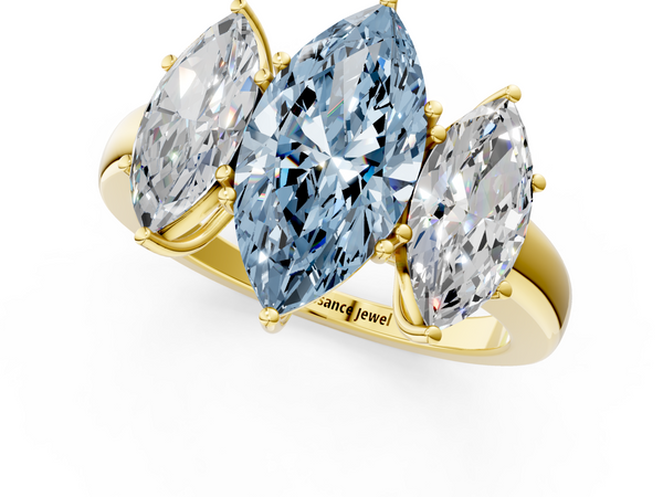 Yellow gold Fancy Blue Marquise Cut Diamond Three-Stone Ring with Four-Prong Setting and Classic Band