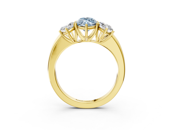 Yellow gold Fancy Blue Marquise Cut Diamond Three-Stone Ring with Four-Prong Setting and Classic Band